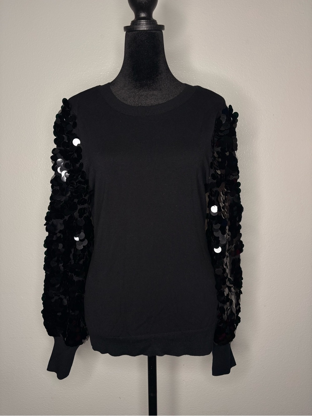 INC International Concepts Black Sequin-Sleeve Crewneck Sweater